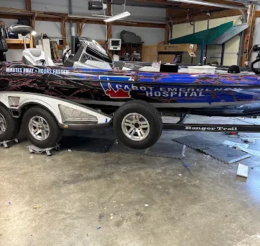 Custom boat wrap with full color printed vinyl graphics